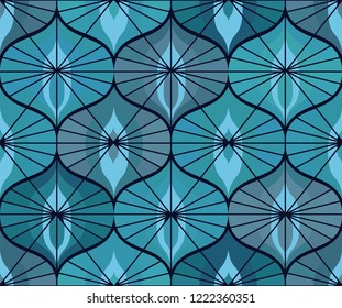 Seamless retro pattern on vintage oriental motifs.  Ornate lines, cool colors. Vintage wallpaper or fabric.
