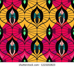 Seamless retro pattern on vintage oriental motifs. Ornate lines, complex colors. Vintage wallpaper or fabric.