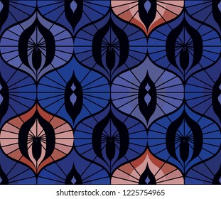 Seamless retro pattern on vintage oriental motifs.  Ornate lines, cool colors. Vintage wallpaper or fabric.