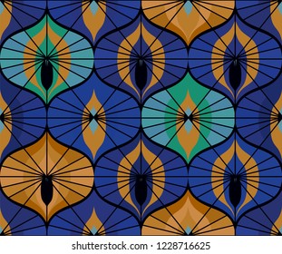 Seamless retro pattern on vintage oriental motifs.  Ornate lines, cool colors. Vintage wallpaper or fabric.
