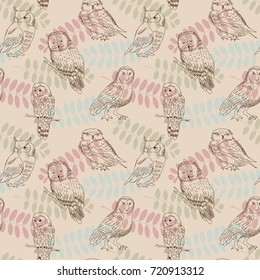 Seamless retro pattern with a owls and leaves