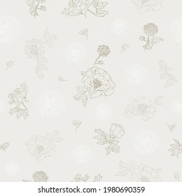 Seamless retro pattern with peonies and dandelions flowers. Hand-drawn style. Romantic Spring mood. Maybe use for wallpaper, textile or card, wedding design.