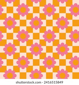 Patrón retro sin foco con flores rosadas, años 60, hippy, estilo retro, colores vintage