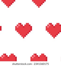Seamless retro pattern of pixelated red hearts on a white background