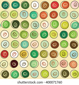 Seamless retro pattern polka dot with coffee beans. Vector background. Vintage wallpaper.