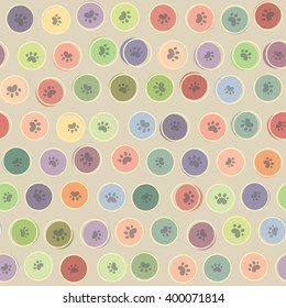 Seamless retro pattern polka dot with cat tracks. Vector background. Vintage wallpaper.