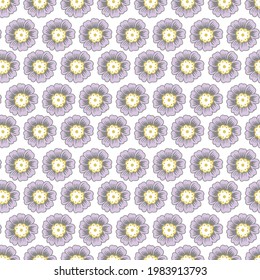 seamless retro pattern with purple flowers on white background.