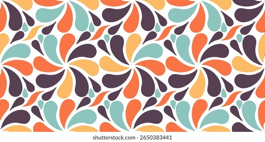 A seamless retro pattern with a repeating arrangement of abstract floral shapes. The design incorporates teardrop and curved elements in vibrant teal, orange, yellow, and purple.