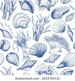 Padrão retro sem emenda com conchas, corais e plantas marinhas. Esboço de linha azul desenhado à mão sobre fundo branco. Ilustração marinha vetorial em estilo vintage para impressão, design, têxtil, envoltório, vestuário