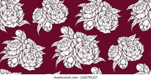 Patrón retro sin foco con un boceto de peonías sobre un fondo borgoñoso. Textura botánica vectorial con dibujo de un ramo de flores y follaje sobre fondo marrón.