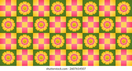 Seamless retro pattern with smiling flowers and pink-yellow checkerboard, cheerful vintage floral design, playful decorative background, bright geometric textile print