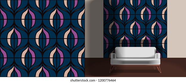 Seamless retro pattern in the style of the sixties. Art deco vintage wallpaper or fabric. Retro interior
