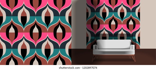 Seamless retro pattern in the style of the sixties. Art deco vintage wallpaper or fabric. Retro interior