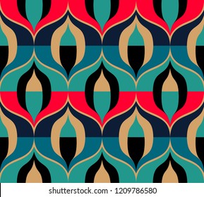 Seamless retro pattern in the style of the sixties. Art deco vintage wallpaper or fabric. Asian style pattern