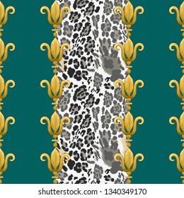 Seamless retro pattern with stylized lily flowers of gold color and pattern of leopard skins.