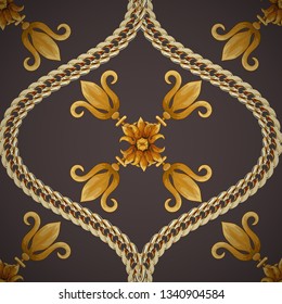 Seamless retro pattern with stylized lily flowers and golden chain.