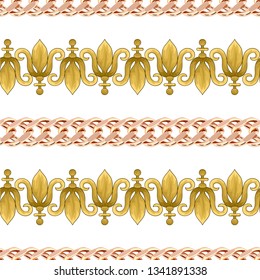 Seamless retro pattern with stylized lily flowers and golden chain.