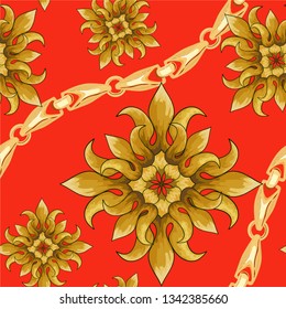 Seamless retro pattern with stylized lily flowers and golden chain.