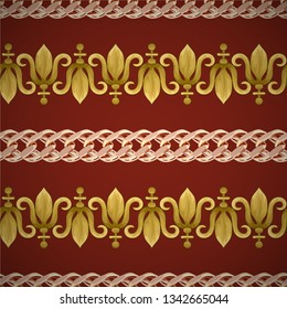 Seamless retro pattern with stylized lily flowers and golden chain.