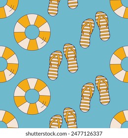 Seamless retro pattern. Summer yellow lifebuoy and flip flops. Vector illustration