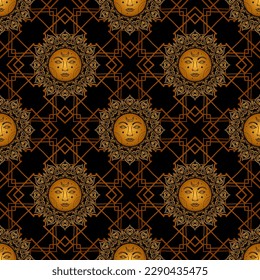 Seamless retro pattern with sun, vintage background for astrology and tarot.