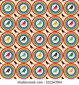 Seamless retro pattern. Texture with birds in circles, with different colors. Can be used in textiles, for book design, website background.