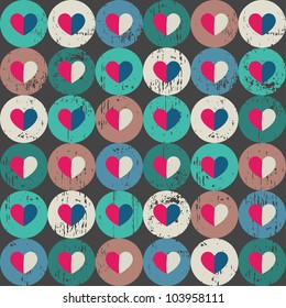 Seamless retro pattern. Texture with threadbare circles and hearts.
