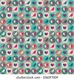 Seamless retro pattern. Texture with threadbare circles with hearts and birds.