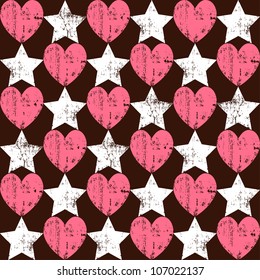 Seamless retro pattern. Texture with threadbare hearts and stars. Vector version.