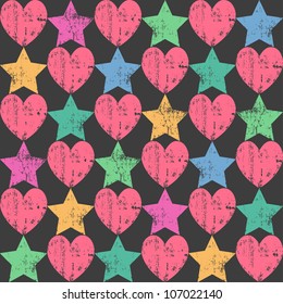 Seamless retro pattern. Texture with threadbare hearts and stars. Vector version.