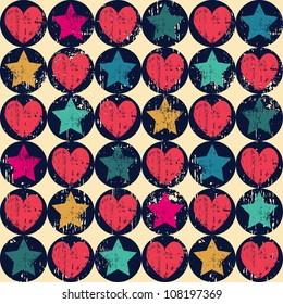 Seamless retro pattern. Texture with threadbare hearts and stars, in circles