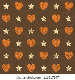 Seamless retro pattern. Texture with threadbare hearts and stars. Vector version.