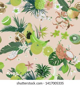 Seamless retro pattern with tropical fruits and flowers. Banana, Orange, Lemon, Pineapple, Dragon fruit background for textile, fashion texture, wallpaper in vector