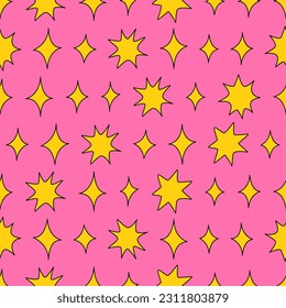 Seamless retro pattern with various stars. Vector blue background in hippie 1970 style