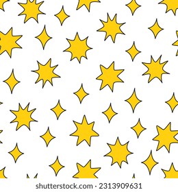 Seamless retro pattern with various stars. Vector blue background in hippie 1970 style