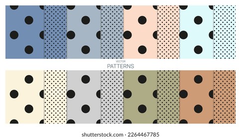 Seamless retro pattern. Vintage pattern set. Black polka dot design for textile, wrapping paper, banner, print, packaging etc. Vector illustration