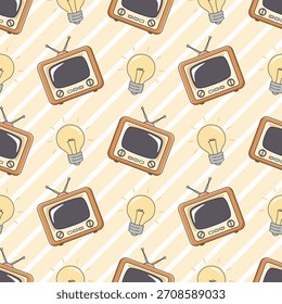 Padrão retro contínuo com televisão vintage, lâmpadas e faixas diagonais
