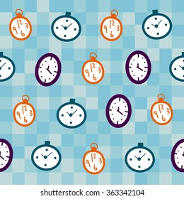 Seamless retro pattern with watches in flat style.