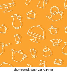 Patrón retro incomparable con utensilios de cocina de fondo amarillo dibujados a mano blanca. Papel vintage, mantel, servilleta o diseño textil con herramientas de cocina. Fondo de escritorio para menú, panadería, libro de cocina