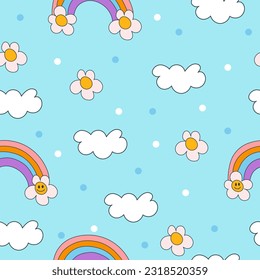 Nahtloses Retro-Muster im y2k-Stil auf blauem Hintergrund. Handgezeichnet lächelnde Blumen, Wolken, Regenbogen. Illustration für Textilien, Papier, Stoff, Hintergrund, Druckdesign. Vektorgrafik