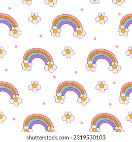 Seamless retro pattern in y2k style on white background. Hand drawn flower rainbows. Illustration for textile, paper, fabric, background, print design. Vector