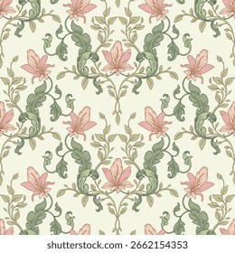 Seamless retro pattern.Pink flowers with green leaves.