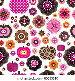 Seamless retro pink flowers and apples pattern background in vector