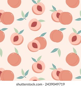 Seamless retro pink peach pattern. Cute fruit repeat print background. Pink   pattern for kids print. Vector illustration. Cute fruit print.