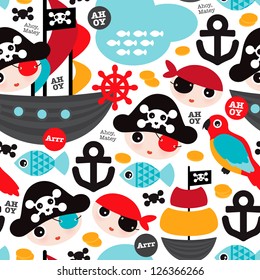 Seamless retro pirates illustration sailing the ocean background pattern in vector