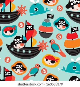 Seamless retro pirates illustration sailing the ocean background pattern in vector 