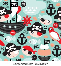 Seamless retro pirates illustration sailing the ocean mint and coral anchor background pattern in vector