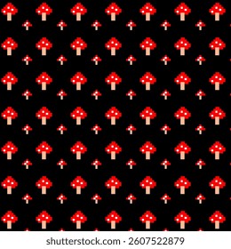 Seamless retro pixel art red mushrooms pattern on black background