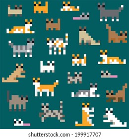 Seamless retro pixel cat pattern