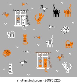 Seamless retro pixel cat pattern